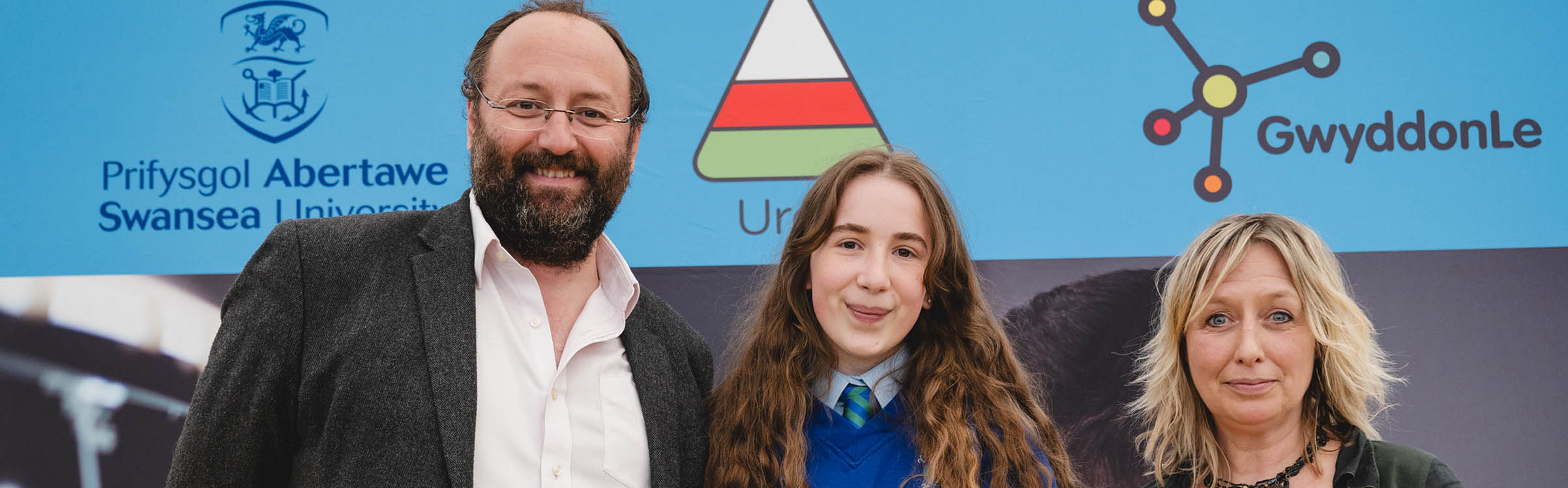 Esther Harper from Ysgol Gyfun Ystalyfera with Prof Trystan Watson and Heledd Sion