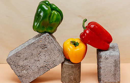 Blocks and vegetables arranged unevenly