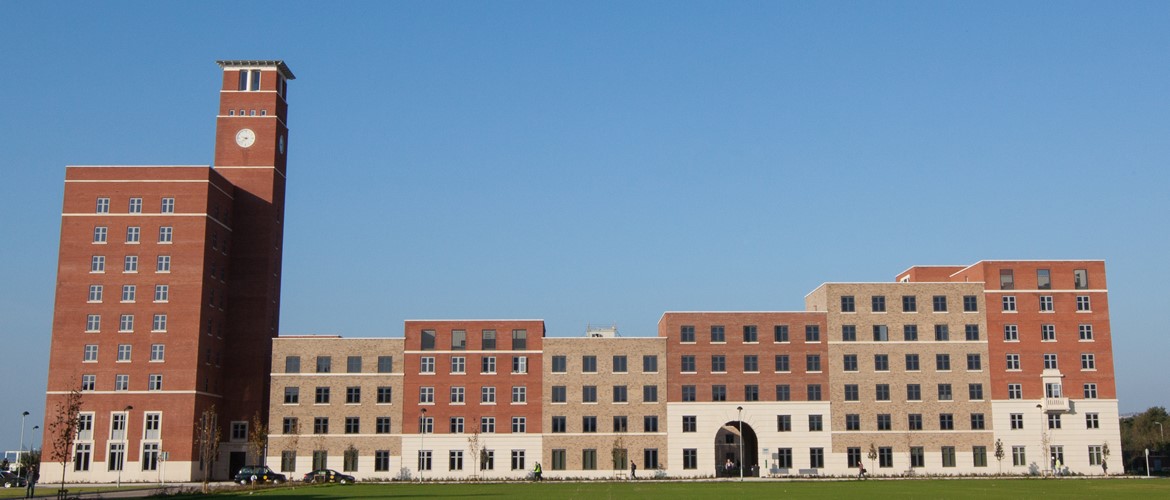 External shot of Bay residences against blue sky