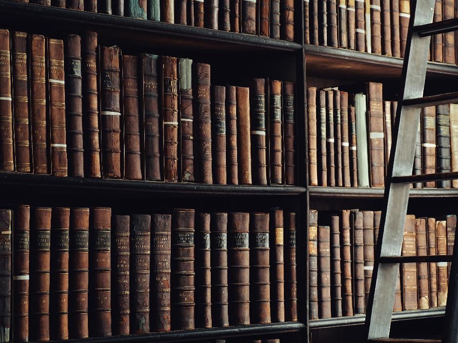 Old books on a wooden bookcase. 