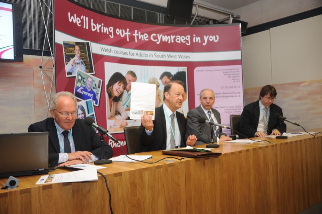 Heini Gruffudd, Steve Morris, Mike Hedges AM (Swansea East) sponsor of the launch and Aled Davies, director of the South West Wales Welsh for Adults Centre based at Swansea University 