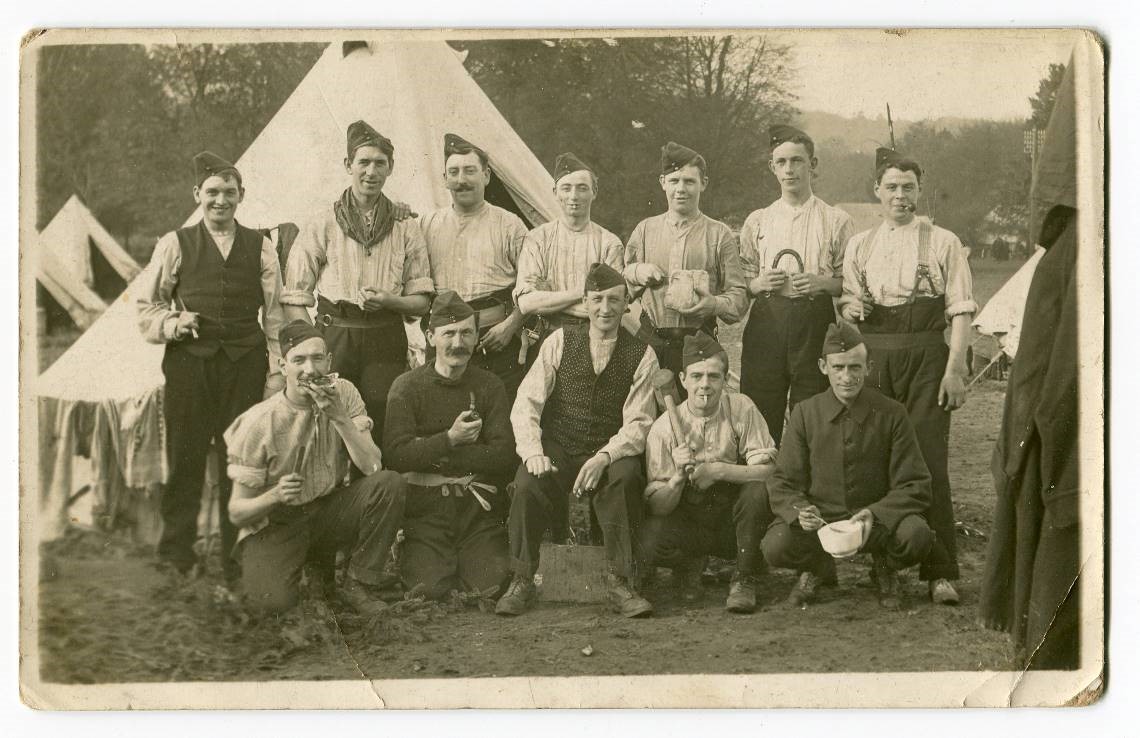 Robert Evans (holding a horseshoe), with his fellow-recruits to the RAMC