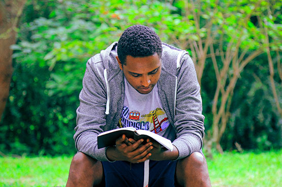 Student reading outside in sun