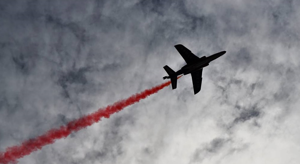 View of a plane flying overhead. 