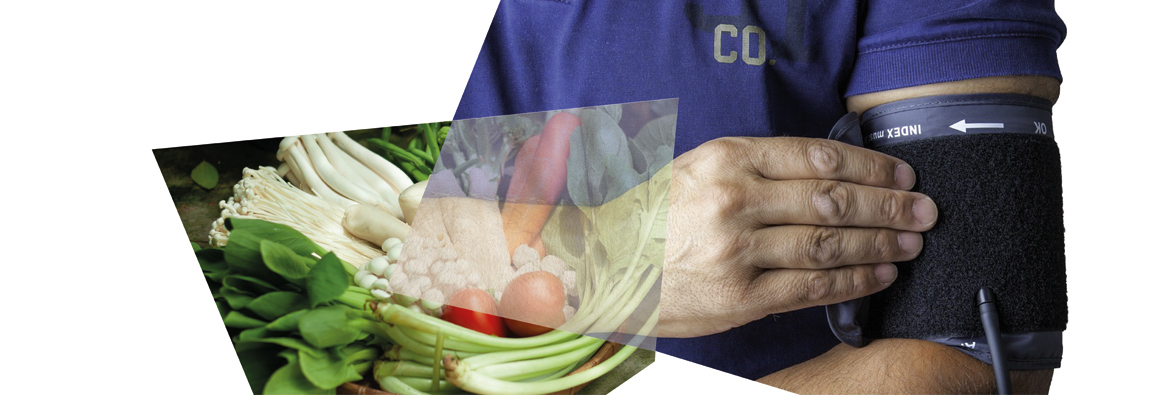 A montage of images with fresh foods and a blood pressure monitor