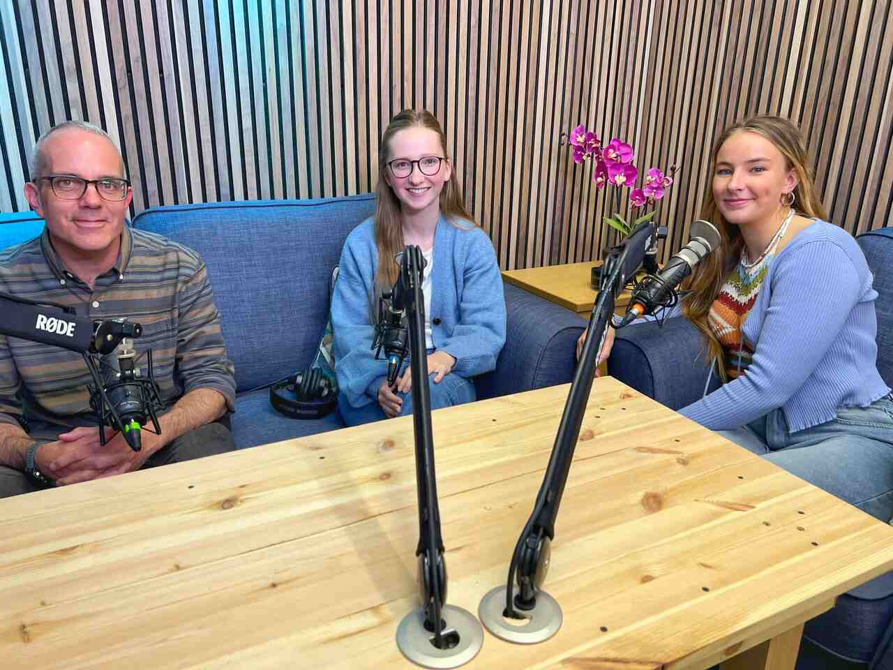 Gideon, Megan and Florence recording the podcast. 