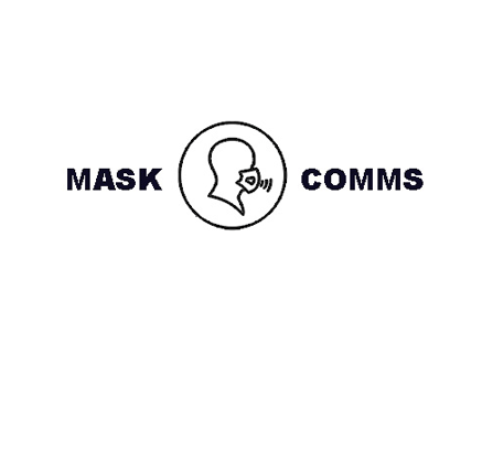  mask comms text logo in black on white gydag eicon o berson yn gwisgo mwgwd wyneb