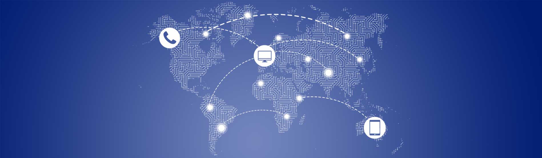 A world map showing digital connections across the planet