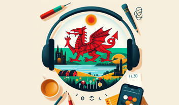 Baner Cymru a phâr o glustffonau