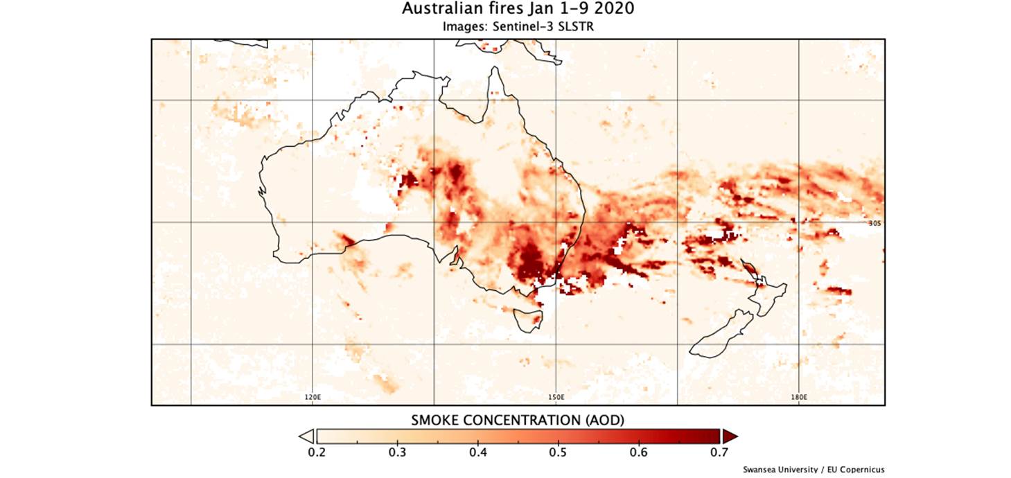 Mwg o danau Awstralia a arsylwyd gan ESA Copernicus Sentinel-3 ar gyfer y cyfnod rhwng 1 a 9 Ionawr 2020. (Ffynhonnell: Prifysgol Abertawe / Gwasanaeth Newid yn yr HinsawddEU Copernicus.) 