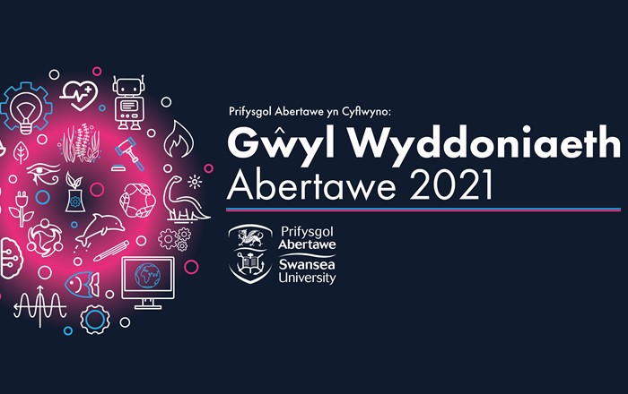 Logo Prifysgol Abertawe, ac amrywiaeth o graffeg, gan gynnwys dolffin a robot. TESTUN - Prifysgol Abertawe yn Cyflwyno: Gŵyl Wyddoniaeth Abertawe 2021