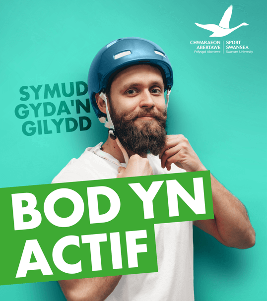 Poster rhaglen Get Active - dyn yn gwisgo helmed 