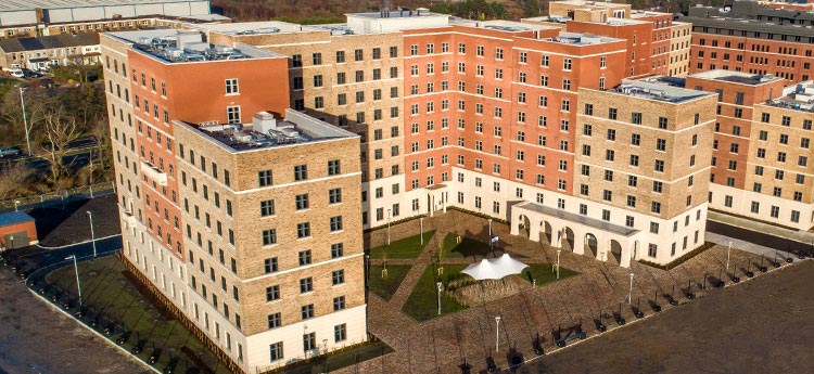 Aerial image of Rod Jones Hall on Swansea's Bay campus