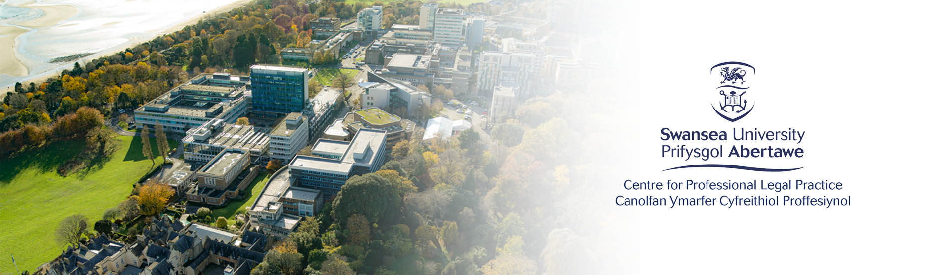 An aerial view of campus with the centre's logo