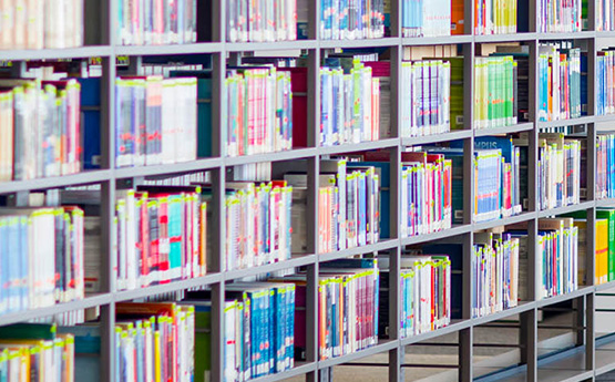 Books on shelves in a library