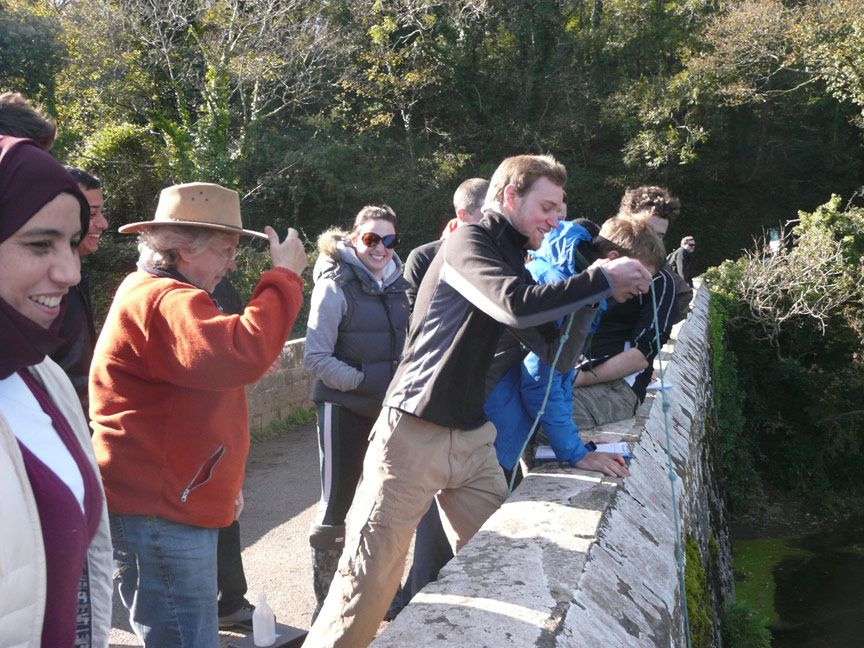 Students overlooking bridge, fieldwork