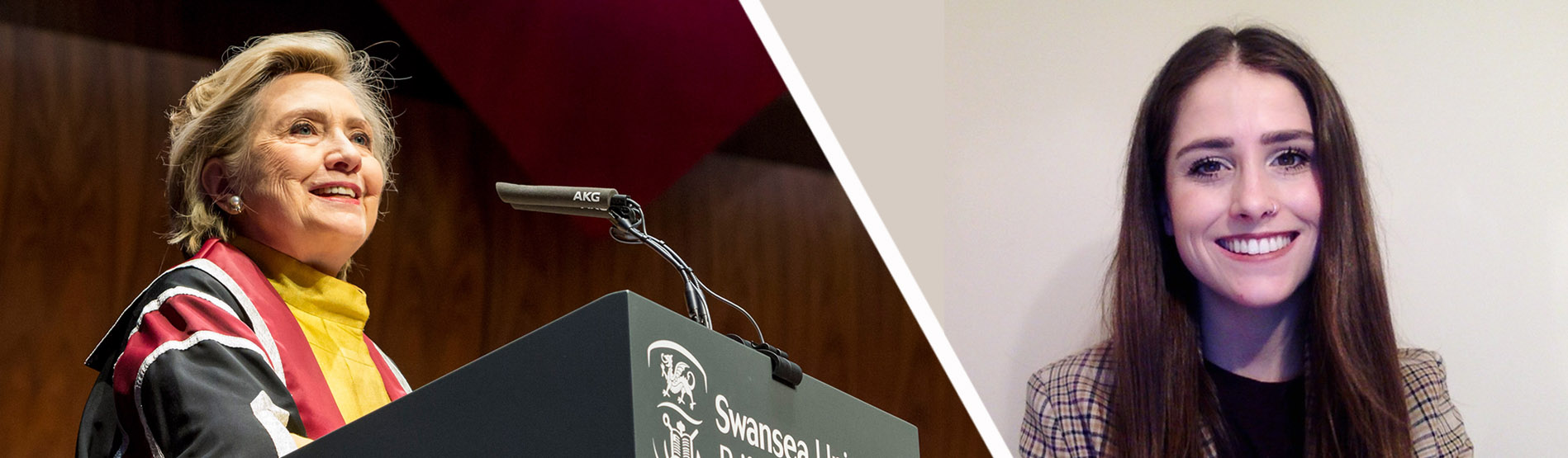 a background of hillary clinton giving a speech, with a profile photo of global challenges scholar, felicity