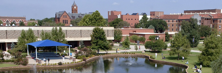 University buildings and a lake