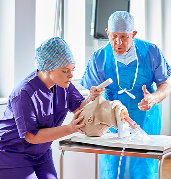 Student and lecturer examining model 