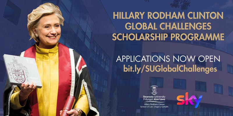 Photo of Hillary Rodham Clinton and information on how to apply for scholarship. 