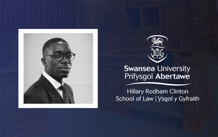 A head shot of Shina Animashaun and the School of Law logo