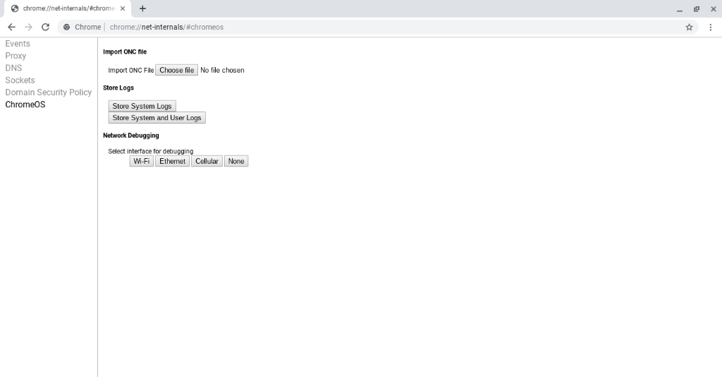 Sgrinlun o sgrin Mewnforio Ffeil ONC y porwr Chrome, sy'n dangos dewislen ar ochr chwith y tudalen gyda'r cofnod ChromeOS wedi'i dethol. I ochr dde'r ddewislen mae'r tudalen Mewnforio Ffeil ONC, sy'n cynnwys y testun canlynol: Import ONC File. Choose file. No file chosen.