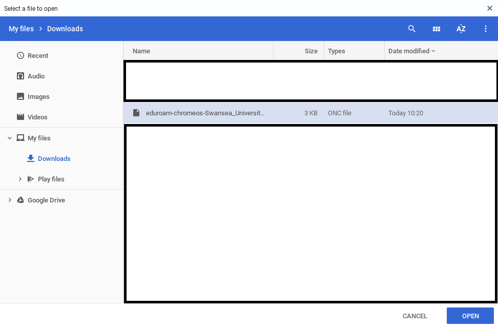 A screenshot of the My Files - Downloads screen, showing a menu on the left of the screen with the Downloads entry selected. To the right of the menu is the Downloads folder, containing the ONC file named eduroam-chromeos-Swansea_University.onc, and an Open button at the bottom of the screen.