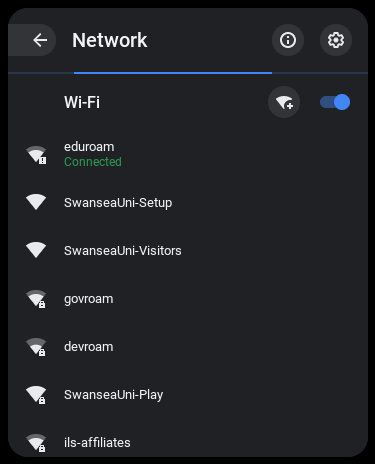 Sgrinlun o'r panel Rhwydwaith sy'n dangos rhestr o'r rhwydweithiau Wi-Fi sydd o fewn cyrraedd y ddyfais, a'r rhwydwaith eduroam wedi'i nodi yn gysylltiedig