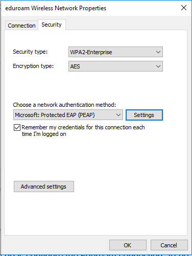 eduroam Wireless Network Properties security tab with the settings button highlighted.