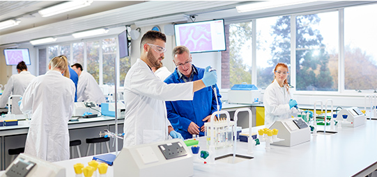 Undergraduate students using microscopes in Margam Lab