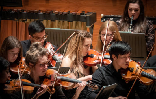 Violinists playing in the SU Orchestra