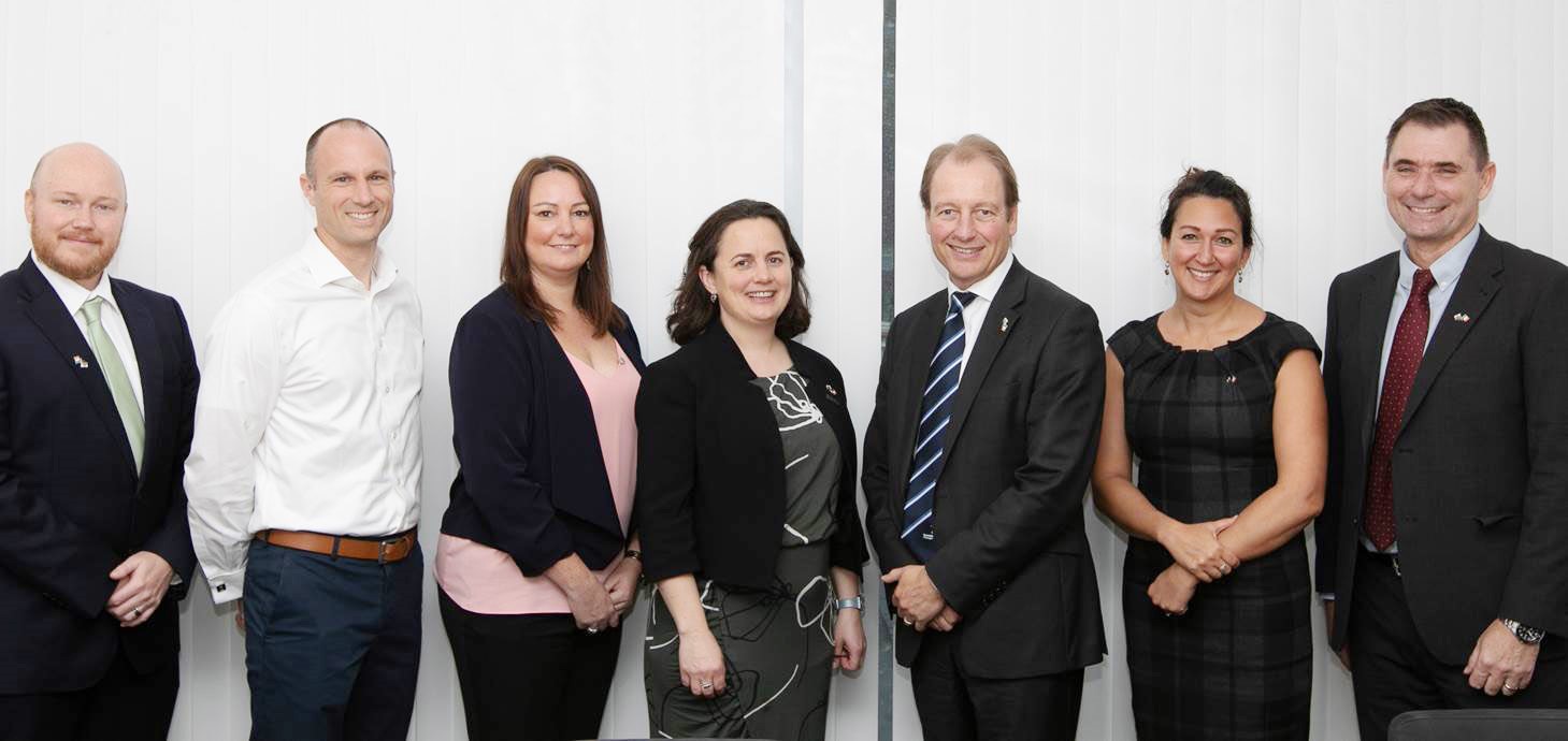 Luke Pearson (Policy officer at Consulate General of Ireland), Dr Gareth Healey, Karen Hood (personal assistant to Denise Hanrahan), Consul General Denise Hanrahan, Swansea University Vice-Chancellor Prof Paul Boyle, Prof Shareen Doak and Prof Steve Conlan. 