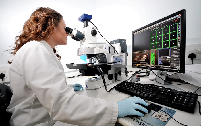 Researcher looking through microscope in a laboratory.