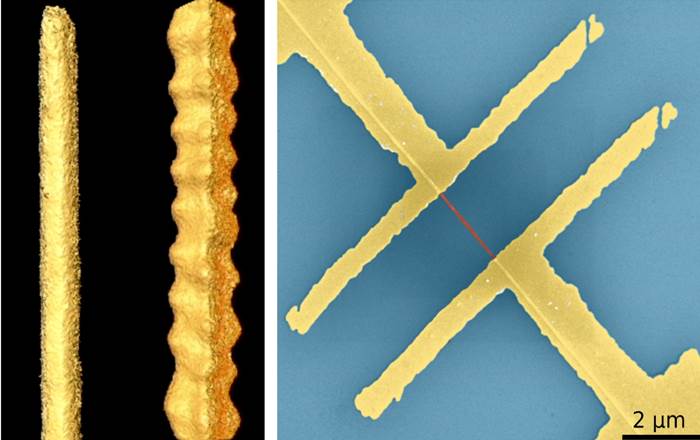 Left hand image - two nanowires, one which behaves like a semiconductor and one like a metal. Right-hand image - electrical device consisting of two gold electrodes contacting a nanowire (in red) on a silicon chip (in blue) 