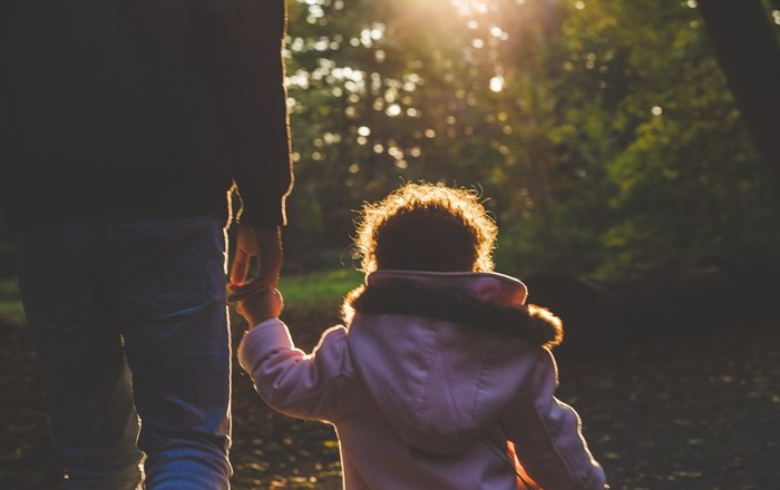 Child and carer hand in hand walking away from the camera