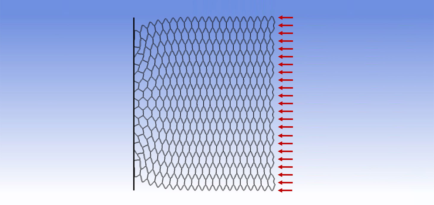 Hexagonal lattice material approaching buckling under compression © Micah Arago.