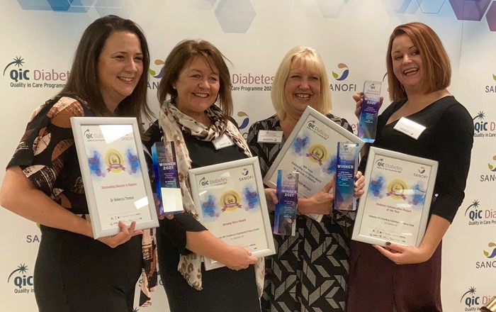 Triple awards success for University diabetes expert. (From left) Dr Becky Thomas, Julie Lewis, also part of Diabetes 101, Chris Cottrell and Dr Rose Stewart with their awards. 