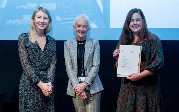 (From left) Sinead O’Haire, of the Marsh Charitable Trust, deputy Chair of the British Museum Muriel Gray with Sam Powell. Photograph ©Egypt Centre.