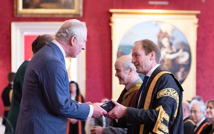 HRH The Prince of Wales presents the Queen's Anniversary Prize to Professor Paul Boyle, Vice-Chancellor of Swansea University.