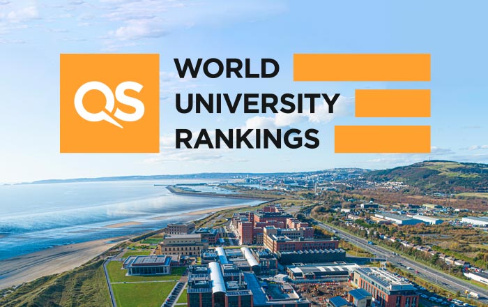 QS World University Rankings appears in text over an aerial shot of Swansea.