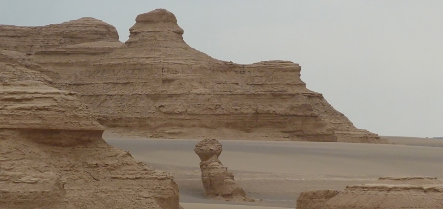 View across Gobi Desert with sand in foreground and mountains in the distance.