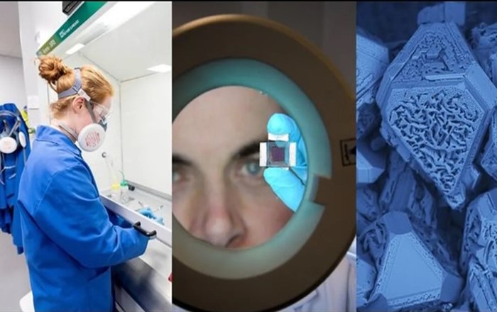 Laboratory work on materials science (left) leads to breakthroughs in areas like solar cells (centre) 