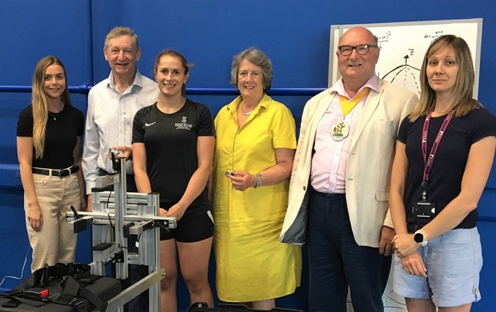 Pictured in the sports science laboratories at Swansea University are (L-R): Rachael Kemp; Simon Hart (Livery Company); Freja Petrie; Sylvia Robert-Sargeant and Stuart Castledine, (Livery Company); and Dr Melitta McNarry, PhD supervisor for both award winners