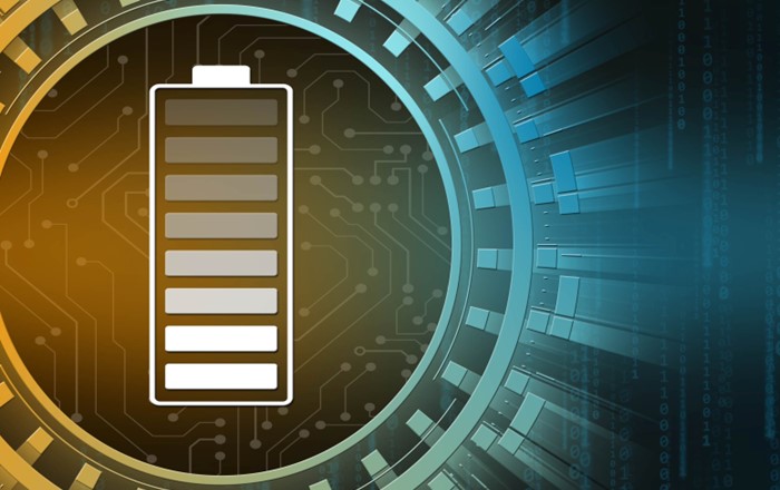 accumulator battery in charging level in center of various graphic elements on technology background