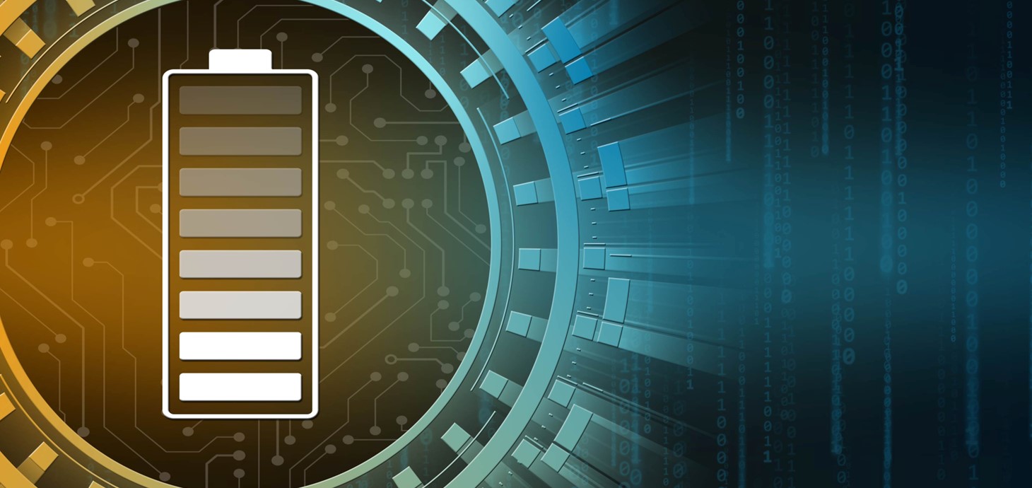 accumulator battery in charging level in center of various graphic elements on technology background