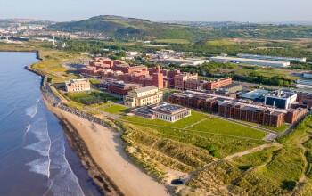 An aerial shot looking down on the Bay Campus