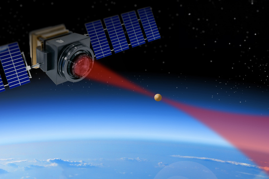 An artistic impression of a small satellite in low Earth orbit showing a spherical glass nanoparticle held at the focus of a laser outside the spacecraft, as a potential application of the technology to be developed in the LOTIS project.