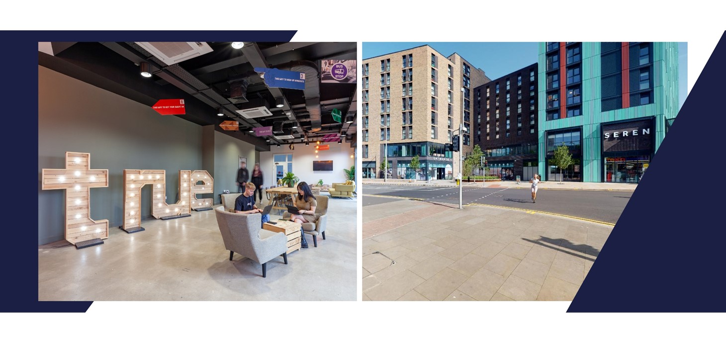 Blended image of reception area of true student accommodation with students working at computers and others walking through with an exterior shot of the Seren accommodation building.