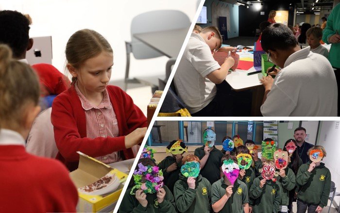 Three photos of school pupils taking part in indoor art activities.