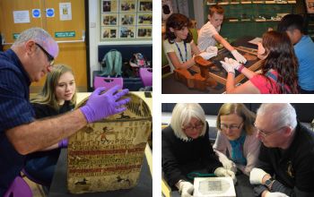 A collage of photos showing volunteers from the Egypt Centre sharing their knowledge and passion with members of the public.